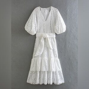 Zara White Eyelet Floral Tiered Midi Dress Sz S